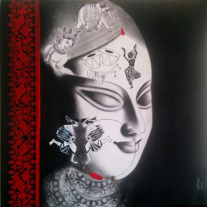 Figurative mixed media painting titled 'Devi 35', 24x24 inches, by artist Uttara Joshi on Canvas