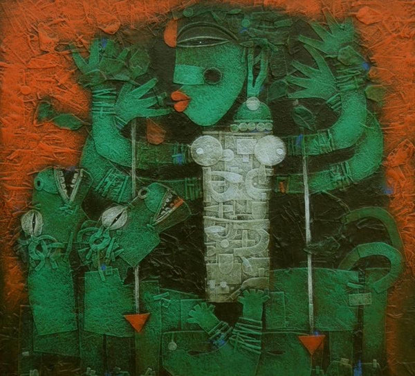 Religious acrylic painting titled 'Devi 4', 36x36 inches, by artist Basuki Dasgupta on Canvas