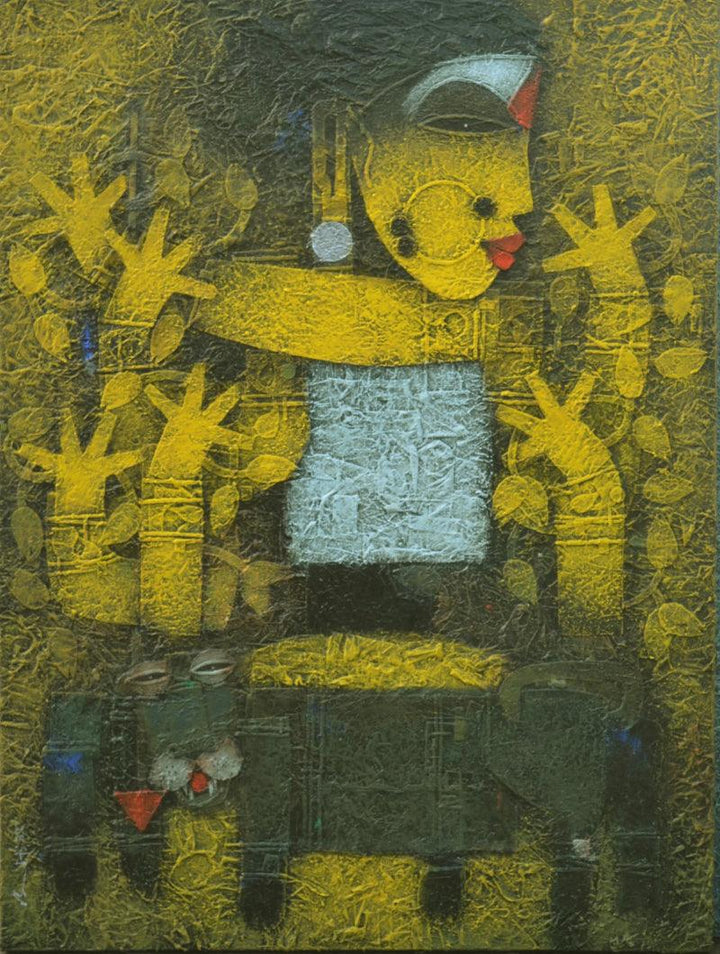 Religious mixed media painting titled 'Devi 6', 48x36 inches, by artist Basuki Dasgupta on Canvas