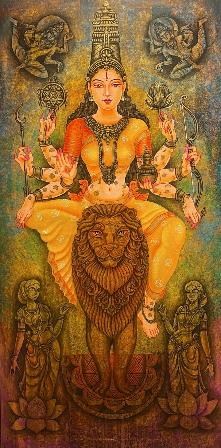 Religious acrylic painting titled 'Devi Bhagwati', 60x30 inch, by artist Vishal Sablley on Canvas