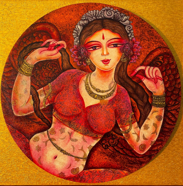 Religious acrylic painting titled 'Devi Maya', 25x25 inch, by artist Vishal Sablley on Canvas Board