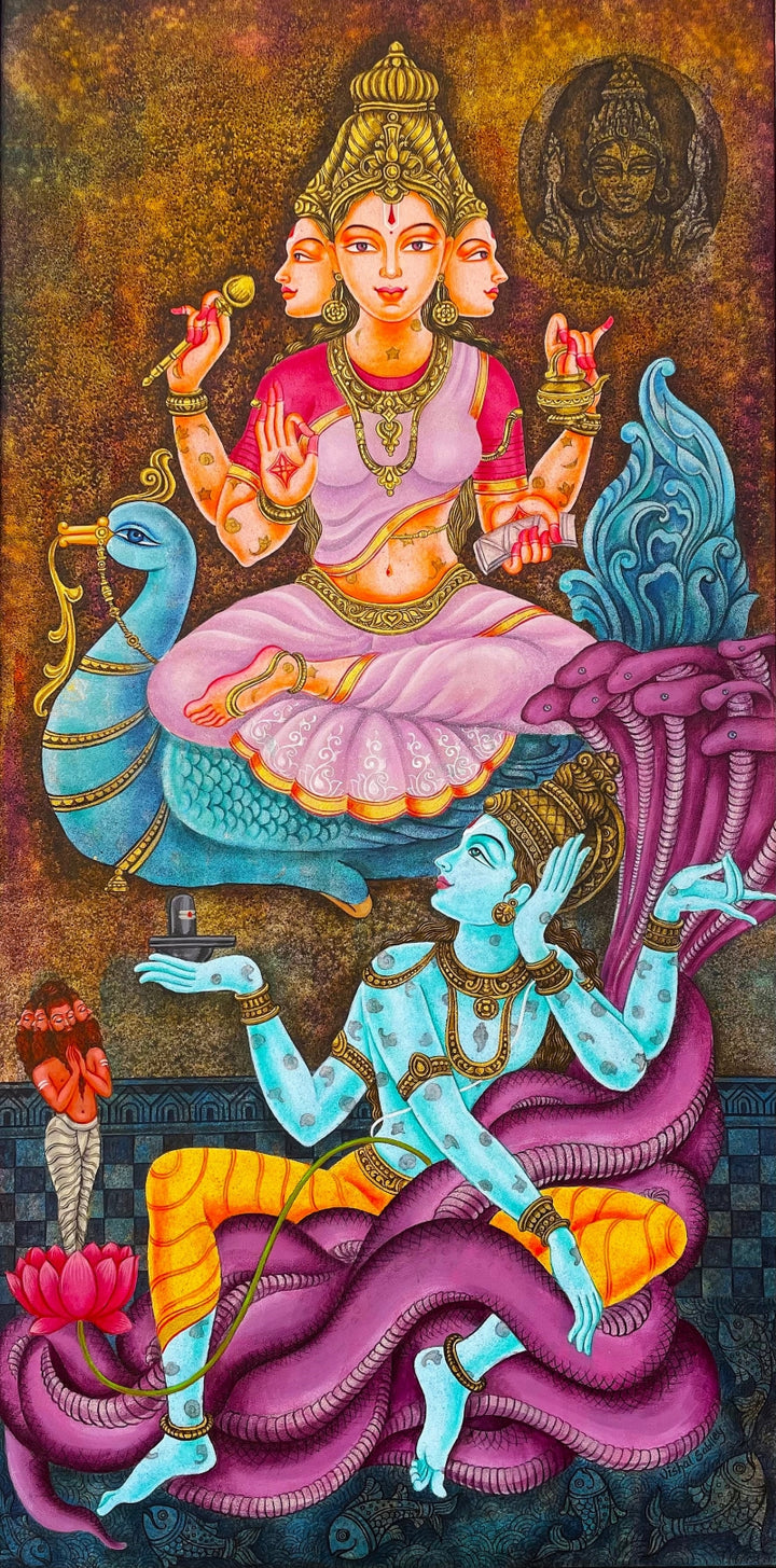 Religious acrylic painting titled 'Devi Vasudha With Vishnu', 60x30 inch, by artist Vishal Sablley on Canvas