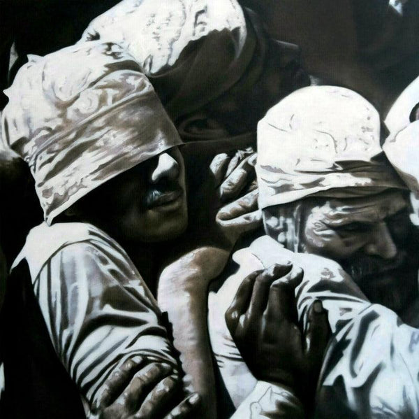 Figurative oil painting titled 'Devine Queue', 24x24 inches, by artist Abid Shaikh on Canvas