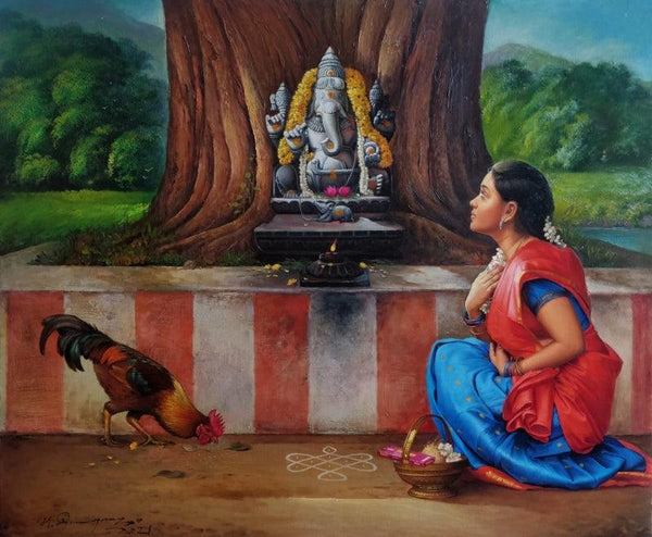 Religious oil painting titled 'Devotee 4', 30x36 inches, by artist S Elayaraja on Canvas