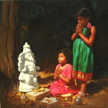 Figurative oil painting titled 'Devotee IV', 18x24 inches, by artist S  Elayaraja on Canvas