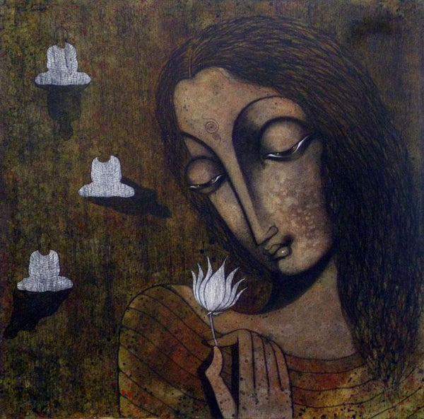 Figurative acrylic painting titled 'Devotee Of Buddha', 30x30 inches, by artist Manoj Aher on Canvas