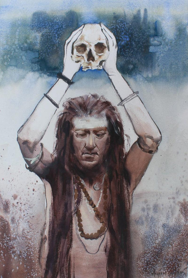 Religious watercolor painting titled 'Devotee Of Death', 20x15 inches, by artist Anupam Chauhan on Paper