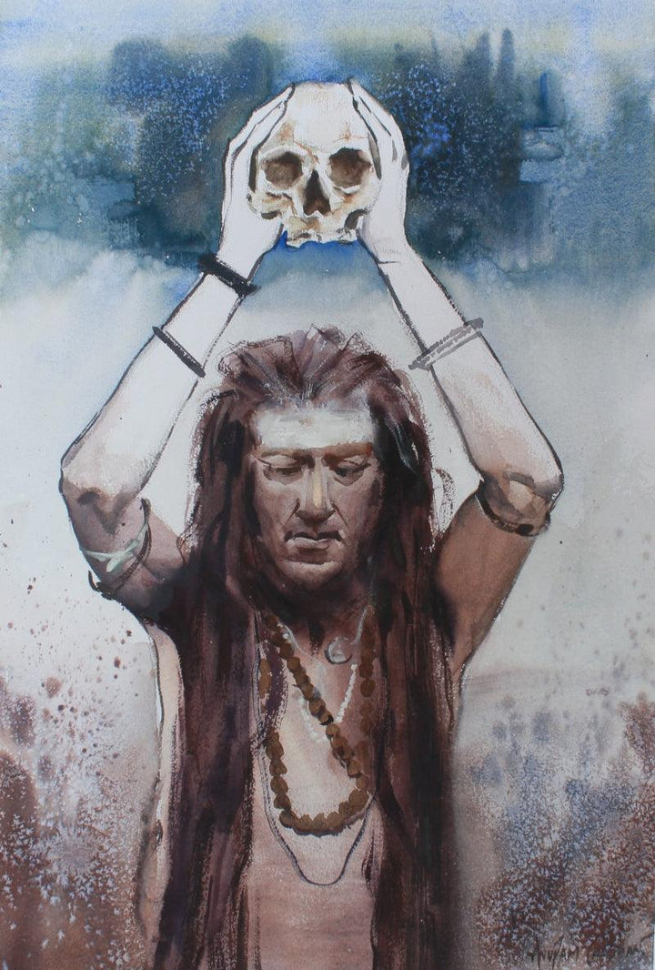 Religious watercolor painting titled 'Devotee Of Death', 20x15 inches, by artist Anupam Chauhan on Paper