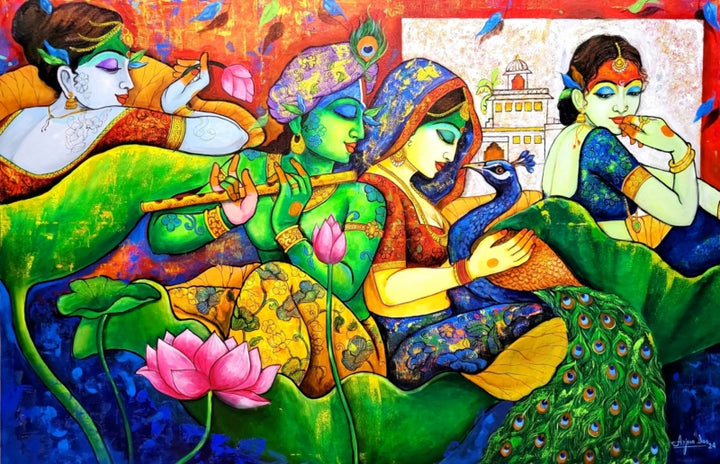 Devotion Of Krishna 17' religious acrylic painting by artist Arjun Das, 48x72 inch, on canvas