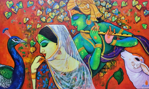 Devotion Of Krishna 23' religious acrylic painting by artist Arjun Das, 36x60 inch, on canvas