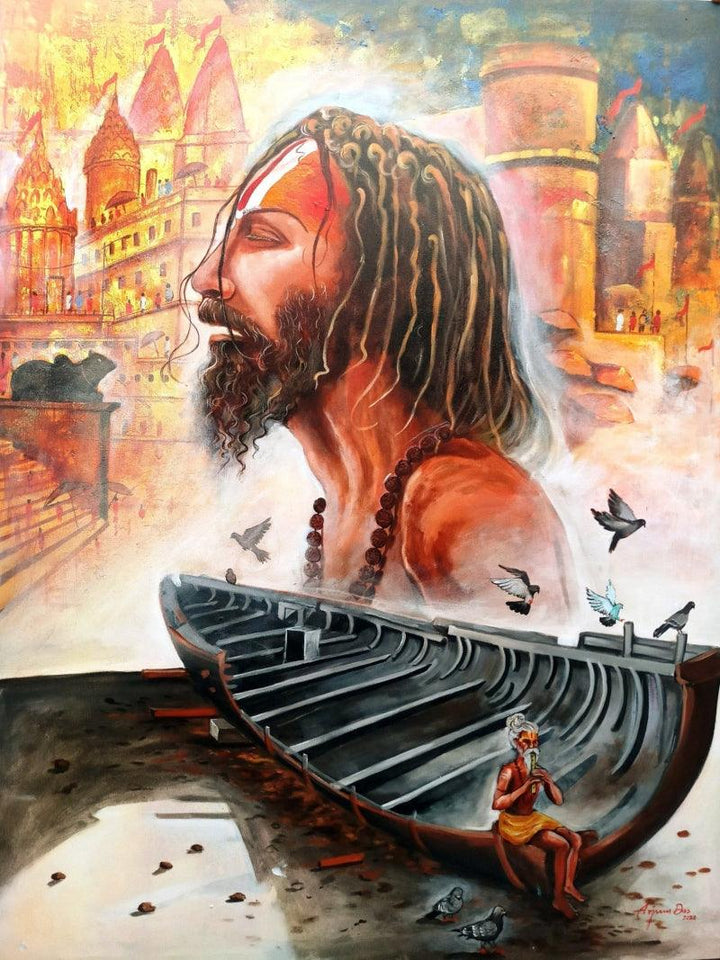 Religious acrylic painting titled 'Devotion Of Banaras Ghat', 48x36 inches, by artist Arjun Das on Canvas