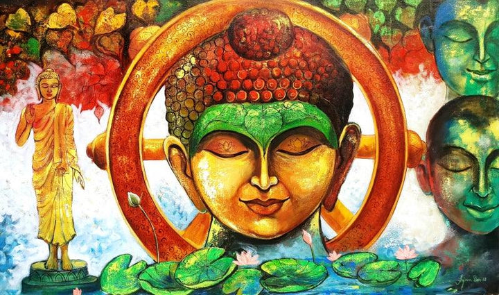 Religious acrylic painting titled 'Devotion Of Buddha 4', 36x60 inches, by artist Arjun Das on Canvas