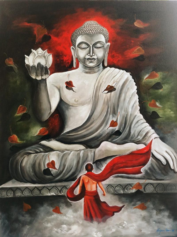 Religious acrylic painting titled 'Devotion Of Buddha', 48x36 inches, by artist Arjun Das on Canvas