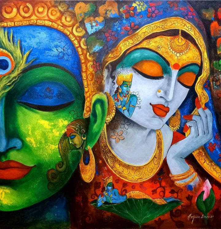 Religious acrylic painting titled 'Devotion Of Krishna 10', 36x36 inches, by artist Arjun Das on Canvas