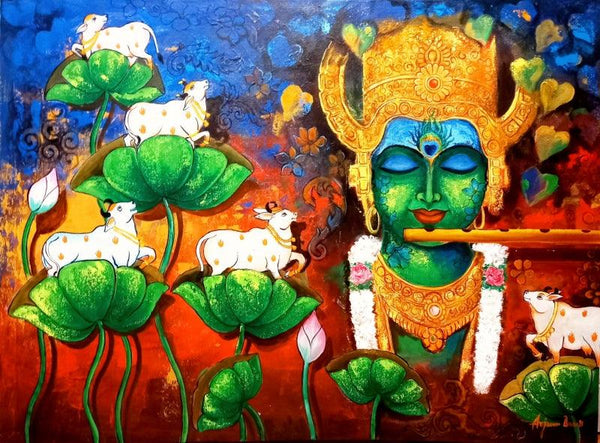 Religious acrylic painting titled 'Devotion Of Krishna 11', 32x42 inches, by artist Arjun Das on Canvas