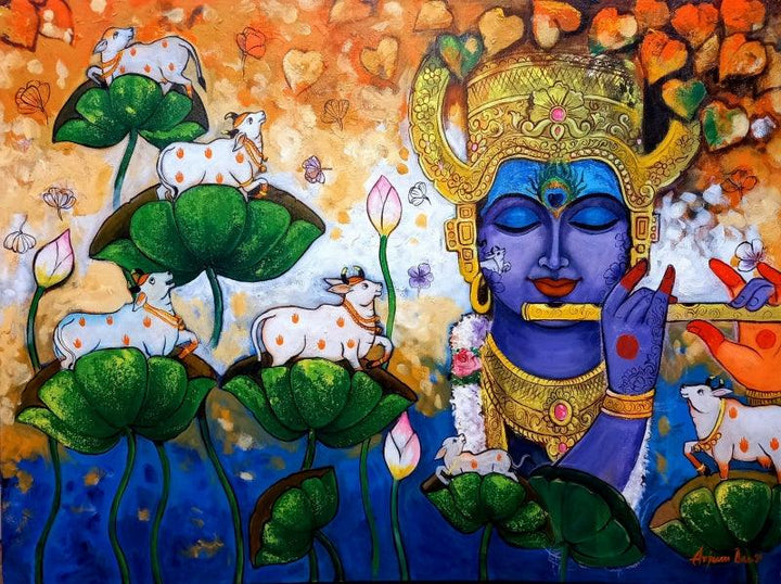 Religious acrylic painting titled 'Devotion Of Krishna 12', 31x41 inches, by artist Arjun Das on Canvas