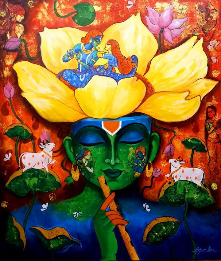 Religious acrylic painting titled 'Devotion Of Krishna 13', 42x36 inches, by artist Arjun Das on Canvas