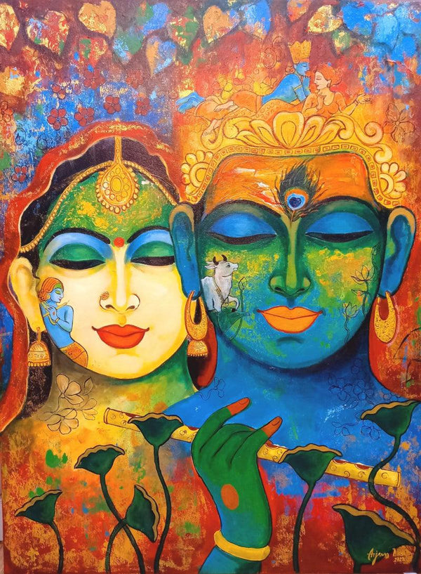 Religious acrylic painting titled 'Devotion Of Krishna 14', 40x36 inches, by artist Arjun Das on Canvas