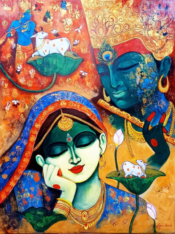 Religious acrylic painting titled 'Devotion Of Krishna 15', 48x36 inches, by artist Arjun Das on Canvas