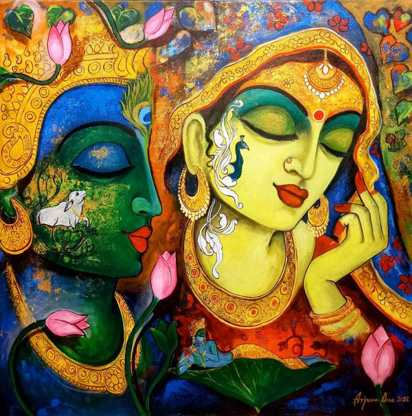 Religious acrylic painting titled 'Devotion Of Krishna 18', 36x36 inches, by artist Arjun Das on Canvas