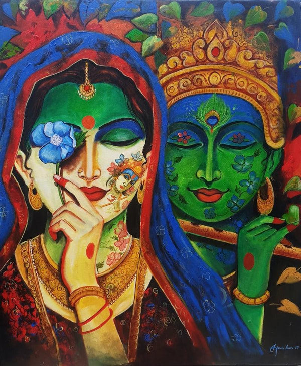 Religious acrylic painting titled 'Devotion Of Krishna 2', 42x36 inches, by artist Arjun Das on Canvas