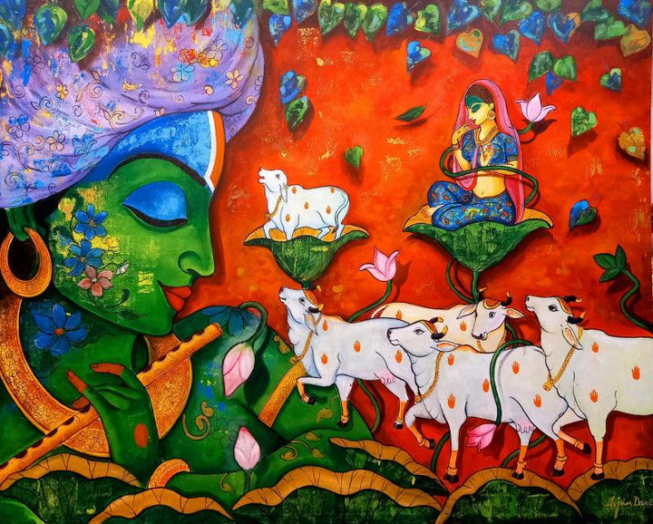 Religious acrylic painting titled 'Devotion Of Krishna 20', 48x60 inches, by artist Arjun Das on Canvas