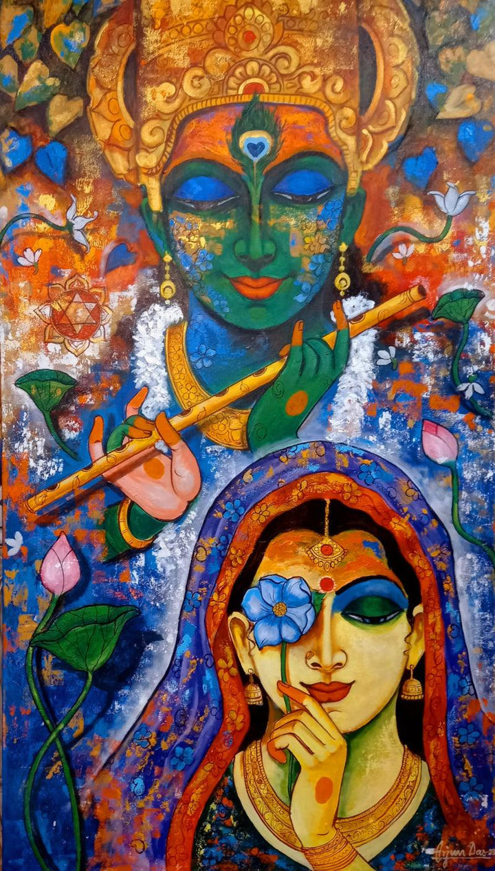 contemporary acrylic painting titled 'Devotion Of Krishna 23', 60x33 inches, by artist Arjun Das on Canvas