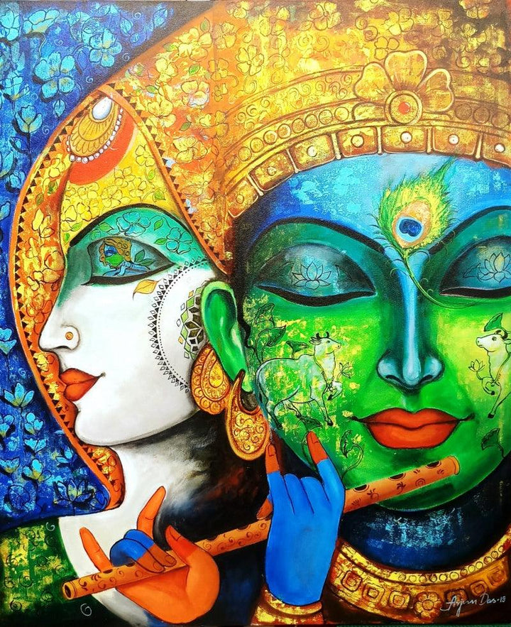 Religious acrylic painting titled 'Devotion Of Krishna 3', 42x36 inches, by artist Arjun Das on Canvas