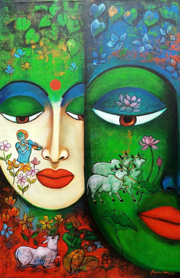 Religious acrylic painting titled 'Devotion Of Krishna 4', 36x24 inches, by artist Arjun Das on Canvas