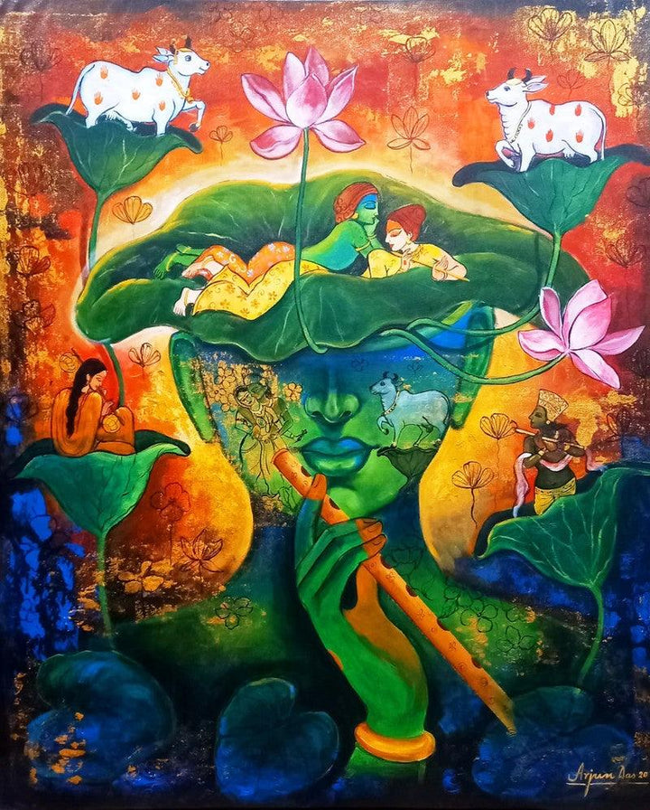 Religious acrylic painting titled 'Devotion Of Krishna 5', 42x36 inches, by artist Arjun Das on Canvas