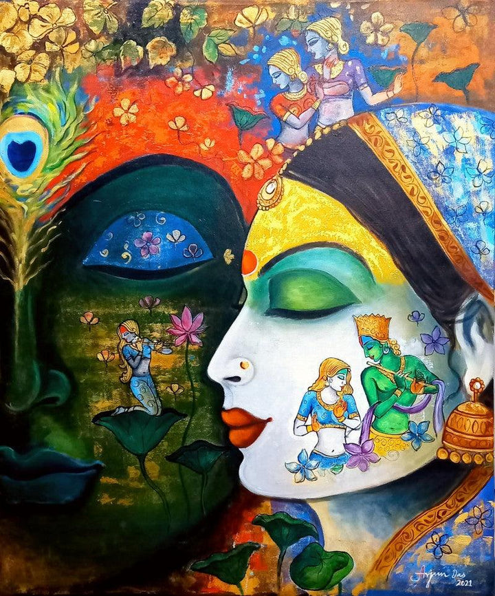 Religious acrylic oil painting titled 'Devotion Of Krishna 6', 42x36 inches, by artist Arjun Das on Canvas