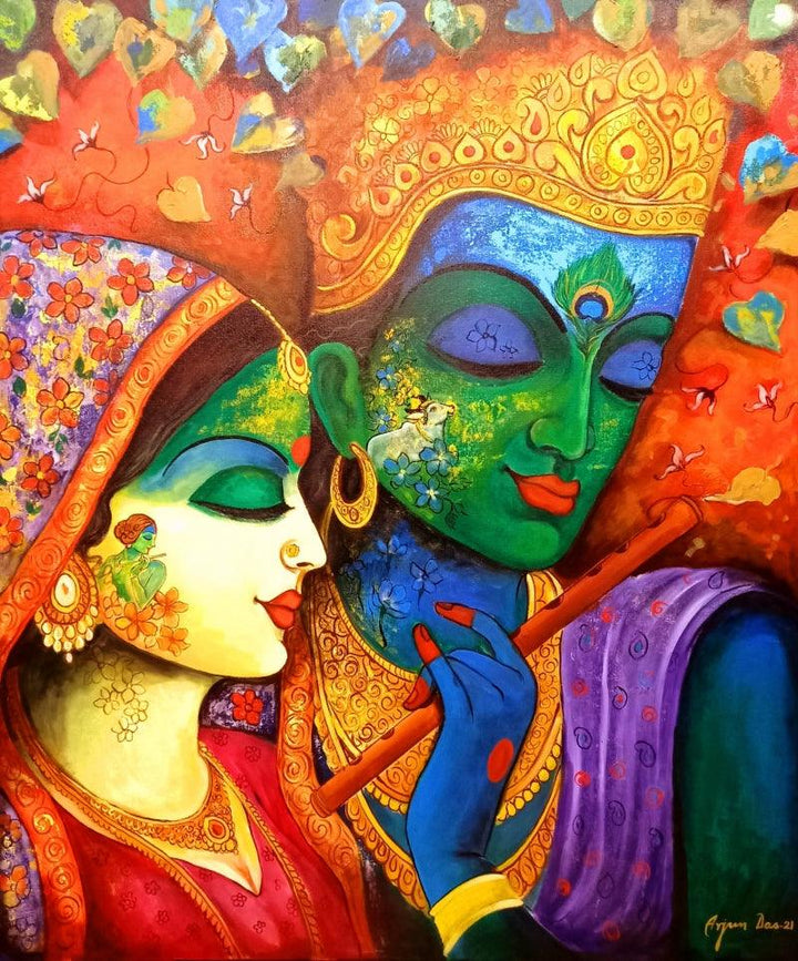 Religious acrylic painting titled 'Devotion Of Krishna 8', 42x36 inches, by artist Arjun Das on Canvas