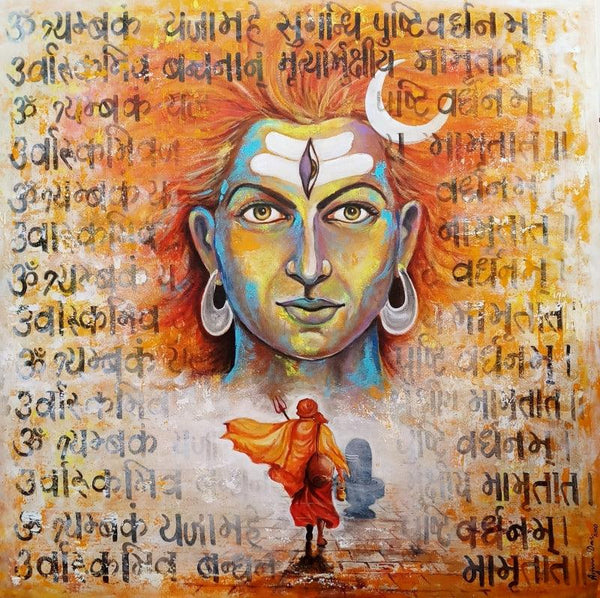 Religious acrylic painting titled 'Devotion Of Shiva', 48x48 inches, by artist Arjun Das on Canvas