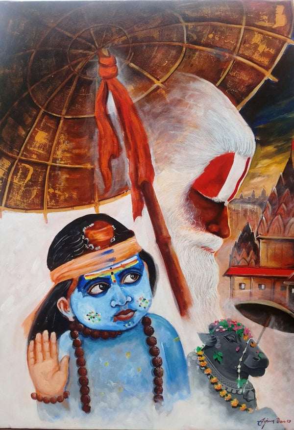 Religious acrylic painting titled 'Devotion Of Varanasi', 42x30 inches, by artist Arjun Das on Canvas