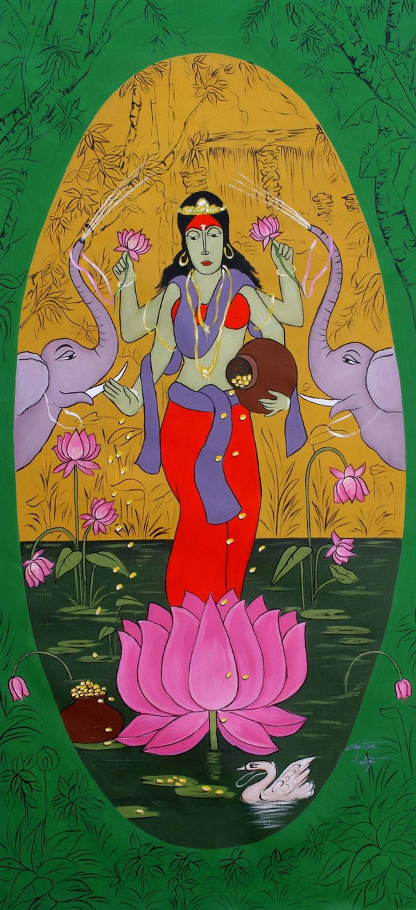 Figurative acrylic painting titled 'Dhan Laxmi', 59x27 inches, by artist Chetan Katigar on Canvas