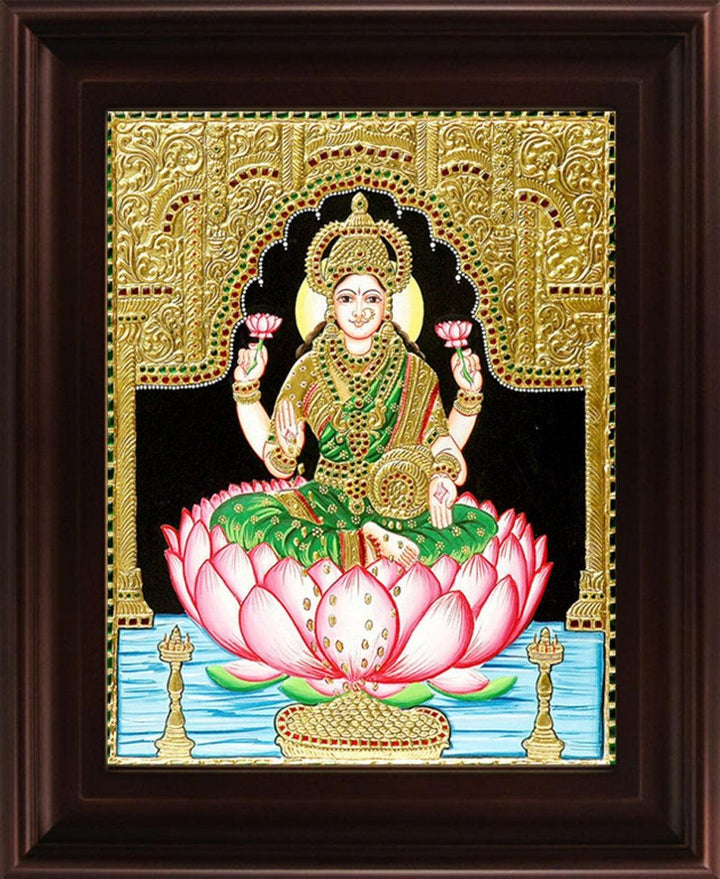 Religious tanjore traditional art titled 'Dhana Lakshmi Tanjore Painting 1', 24x18 inches, by artist Myangadi Tanjore on Plywood