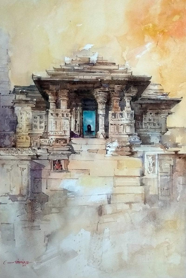 Religious watercolor painting titled 'Dharasur Temple', 21x14 inches, by artist Milind Bhanji on Paper