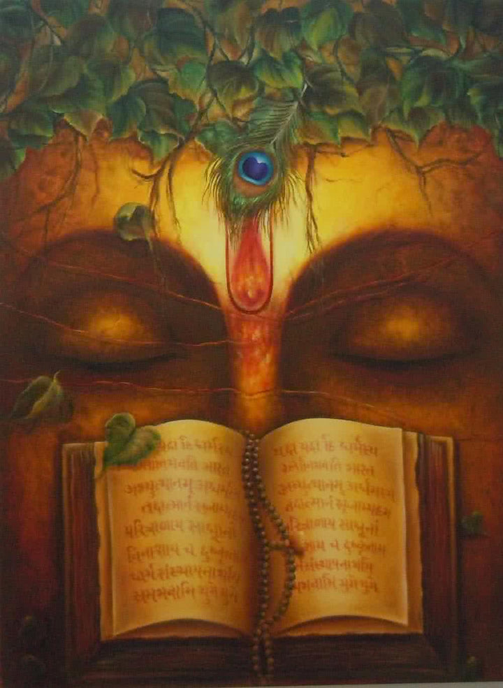 Religious oil painting titled 'Dharma Gyan', 40x30 inches, by artist Rakhi Baid on Canvas