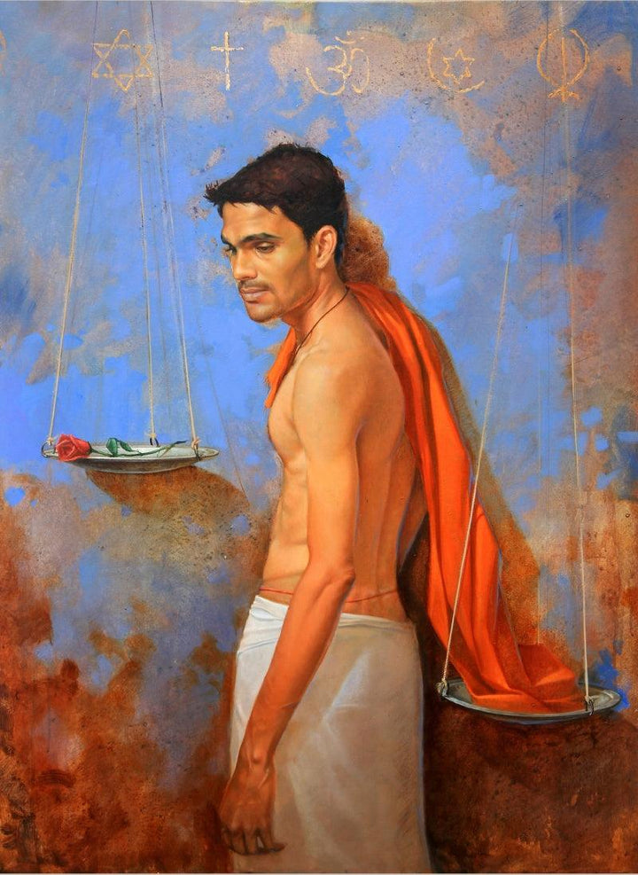 Figurative acrylic oil painting titled 'Dharma kata', 48x24 inches, by artist Amit Thombare on Canvas