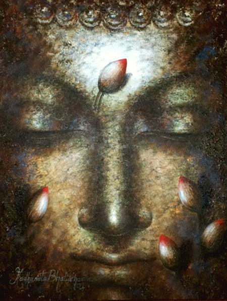 Portrait acrylic painting titled 'Dhyan Buddha', 30x38 inches, by artist Madhumita Bhattacharya on Canvas