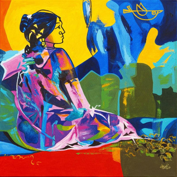 Figurative acrylic painting titled 'Dialogue With Her 8', 36x36 inches, by artist Muralidharan Alagar on Canvas