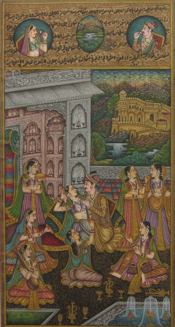 Figurative mughal traditional art titled 'Dignified Mughal Love Scene', 13x9 inches, by artist Unknown on Paper