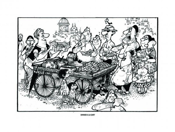 Cityscape pen ink painting titled 'Dinner A La Cart', 29x21 inches, by artist Mario Miranda on Paper