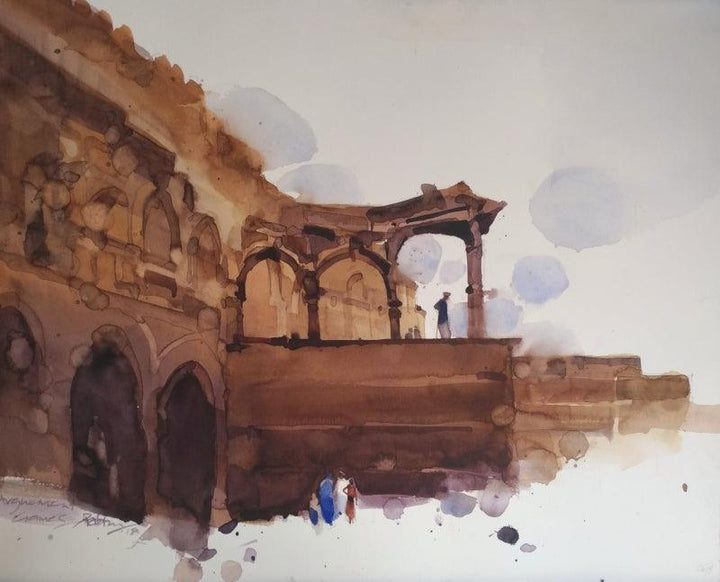 Landscape watercolor painting titled 'Discussing The Historical Landscape', 16x20 inches, by artist Prashant Prabhu on Paper