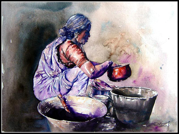 Pots/Vessels watercolor painting titled 'Dishwasher Women', 15x11 inches, by artist SRV ARTIST on Handmade Paper