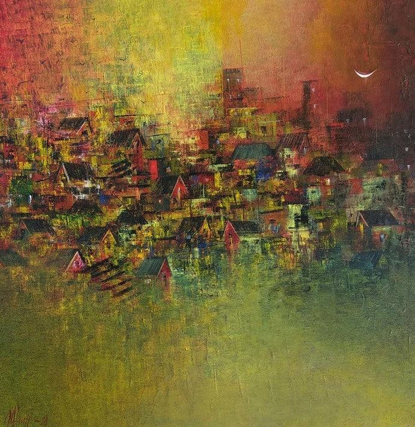 Cityscape acrylic painting titled 'Distance View Of My Village', 24x24 inches, by artist M Singh on Canvas