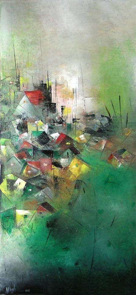 Abstract acrylic painting titled 'Distant View 4', 50x20 inches, by artist M Singh on Canvas