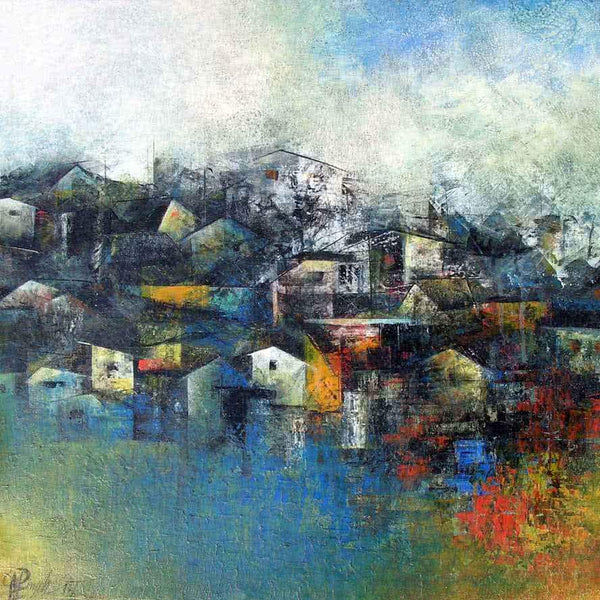 Abstract acrylic painting titled ' Distant View of a Village', 24x24 inches, by artist M Singh on Canvas