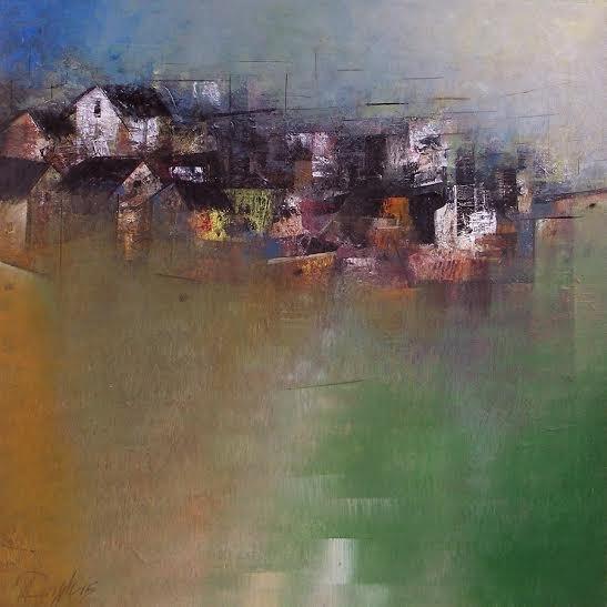 Abstract acrylic painting titled 'Distant Village View', 24x24 inches, by artist M Singh on Canvas