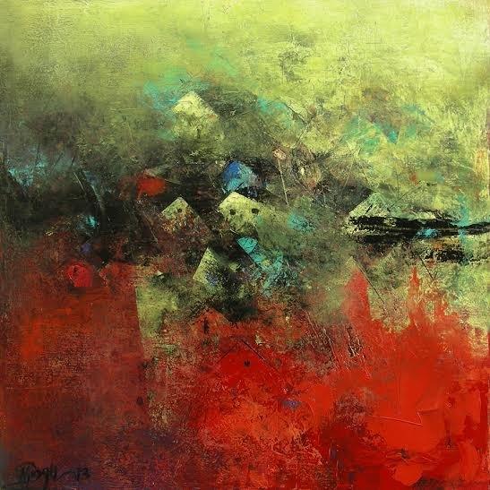 Abstract acrylic painting titled 'Distant Village View Ii', 24x24 inches, by artist M Singh on Canvas